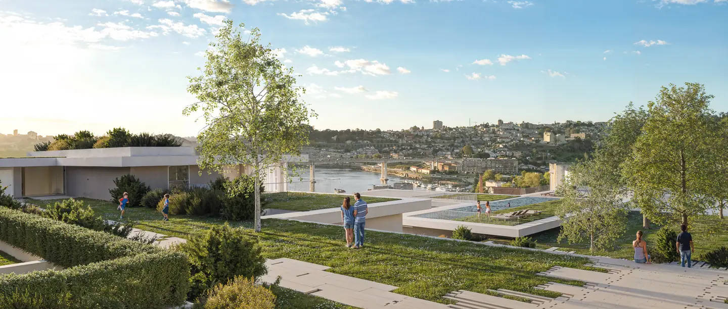 הגנים והשבילים של O'RIZON LIVING, ומאחוריהם נהר הדואורו ופורטו